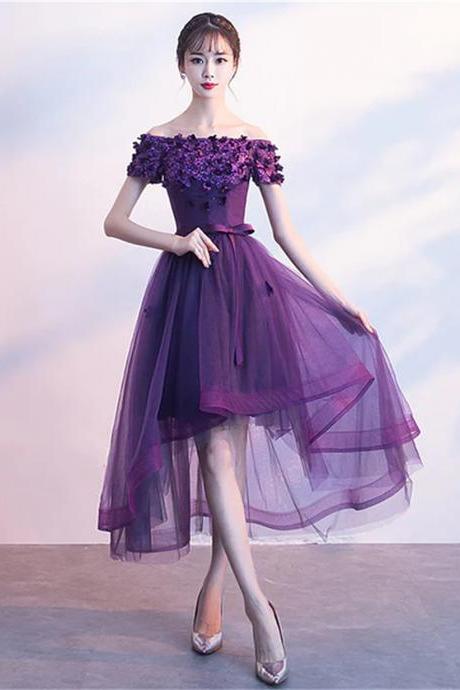 Purple High Low Cute Off Shoulder Homecoming Dress Lovely Formal Dress Sa743