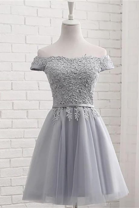 Grey Short Tulle Party Dress With Lace Applique Bridesmaid Dresses Cute Formal Dress Sa745