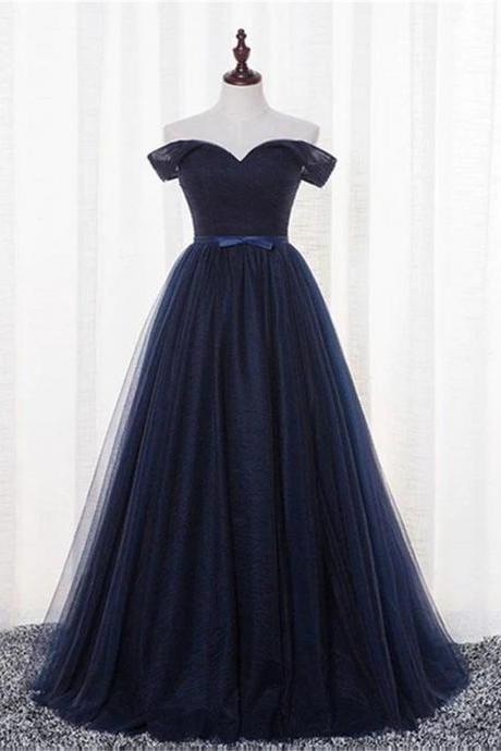 Navy Blue Tulle Long Party Dress Simple Off Shoulder Blue Bridesmaid Dress Sa747