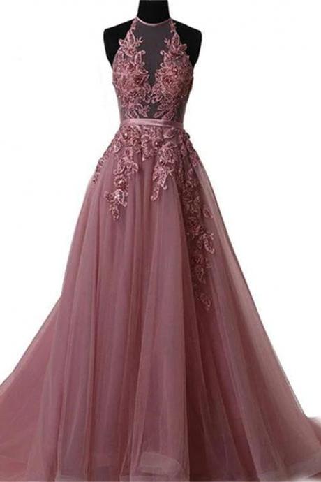 Pink Halter Lace-up Long Formal Gown Pink Party Dresses Sa751