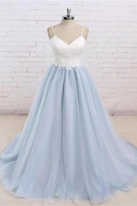 Light Blue Tulle And White Top Long Wedding Party Gowns Straps Junior Prom Dress Sa753