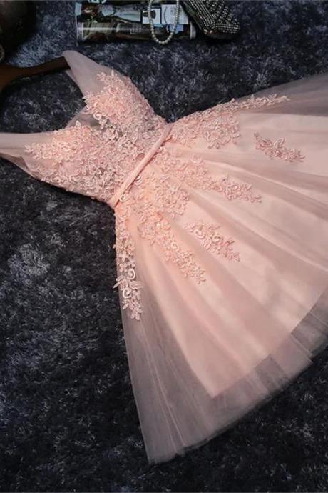 Pink V-neckline Tulle Knee Length Party Dress Lovely Tulle Formal Dress Sa755