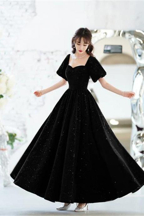 Black Velvet Short Sleeves A-line Lace-up Party Dress Black Long Wedding Party Dress Sa758