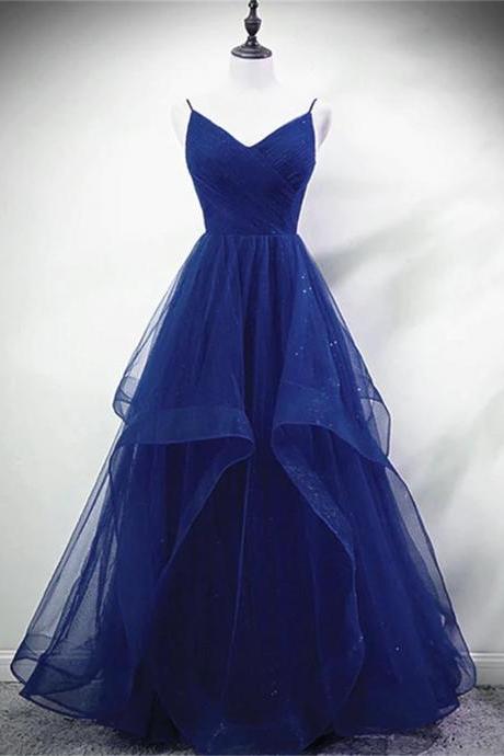 Blue A-line Straps Tulle Layers Long Party Dress Blue Long Prom Dress Sa760