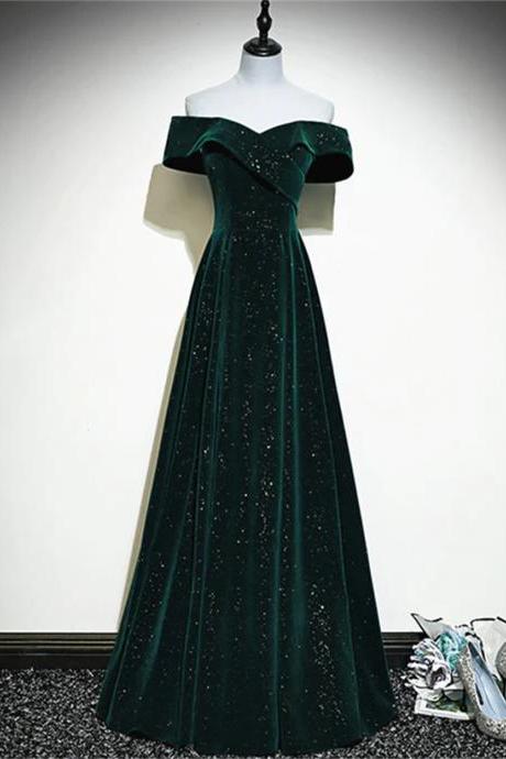 A-line Off Shoulder Green Velvet Simple Party Dress Green Prom Dress Formal Dress Sa761