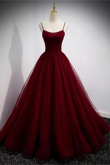 Wine Red Tulle Straps Long Evening Dress Party Dresswine Red Prom Dress Sa763