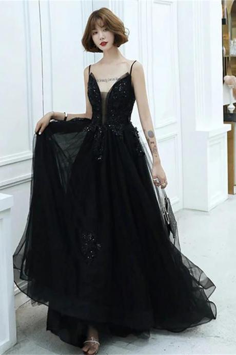 Black V-neckline Tulle With Lace Applique Long Prom Dress Black Evening Dress Sa764