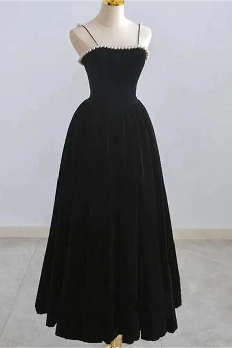 Black Tea Legnth Straps A-line Wedding Party Dress Black Bridesmaid Dress Sa765