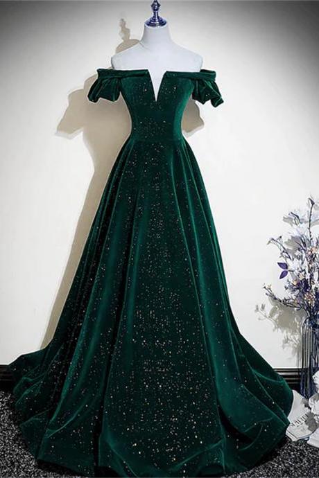 Dark Green Velvet Off Shoulder Long Party Dress Green A-line Prom Dress Sa768