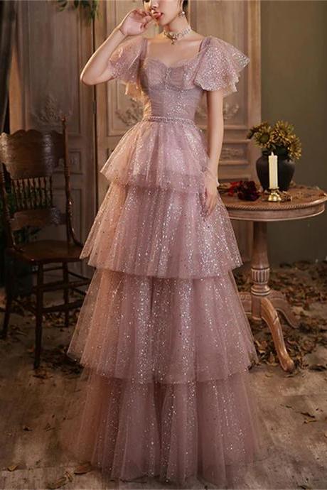 Dark Pink Shiny Tulle Short Sleeves Party Dress Beaded Pink Tulle Prom Dress Sa769