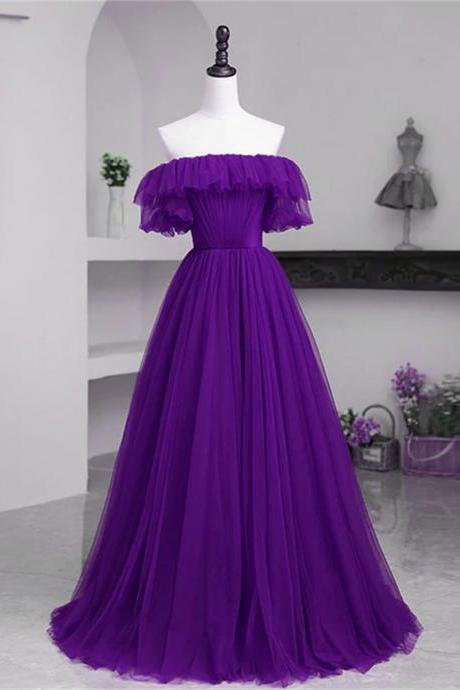 Dark Purple Tulle Off Shoulder Long Party Dress A-line Purple Prom Dress Sa770