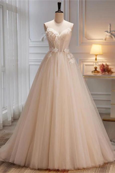 Ivory Tulle With Flowers Straps Prom Dress A-line Ivory Party Dress Sa774