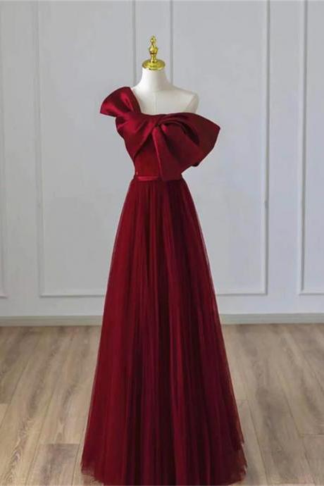 Wine Red Satin And Tulle A-line Simple Prom Dress Floor Length Party Dress Sa779