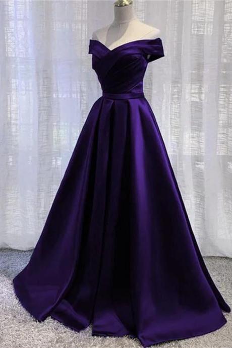 Purple Satin Off Shoulder Long Prom Dress A-line Simple Purple Formal Dress Sa785