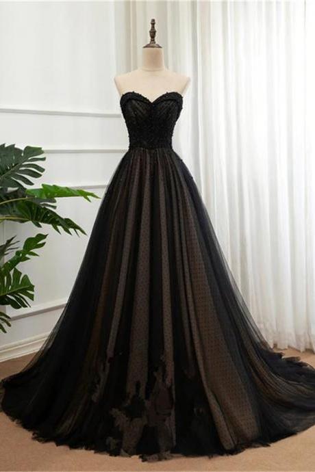 Black Tulle Sweetheart A-line Formal Dress With Lace Black Long Prom Dress Sa786