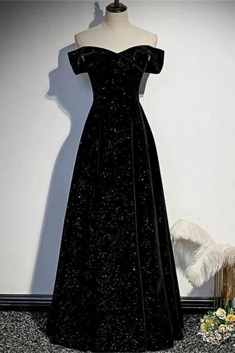 Black Velvet Off Shoulder Long Party Dress Black Simple Prom Dress Sa788