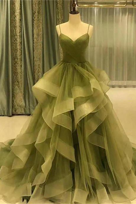 Green Straps Sweetheart Tulle Long Evening Dress Green Layers Tulle Prom Dress Sa789