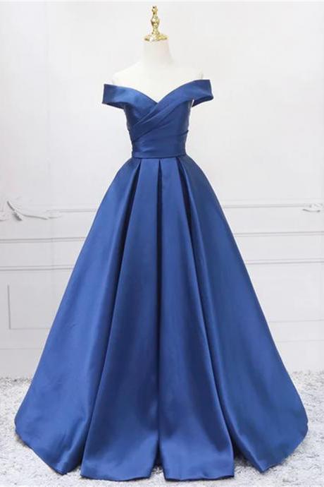 Off Shoulder Blue Satin A-line Floor Length Prom Dress Blue Simple Formal Dress Sa793