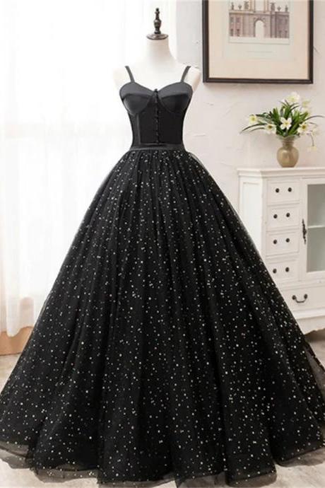 Black Sweetheart Straps Tulle Long Evening Gown Sleeveless Floor-length Prom Dresses Sa794