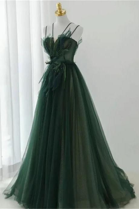 Dark Green Long Beaded A-line Evening Dress Party Dress Green Prom Dress Sa796