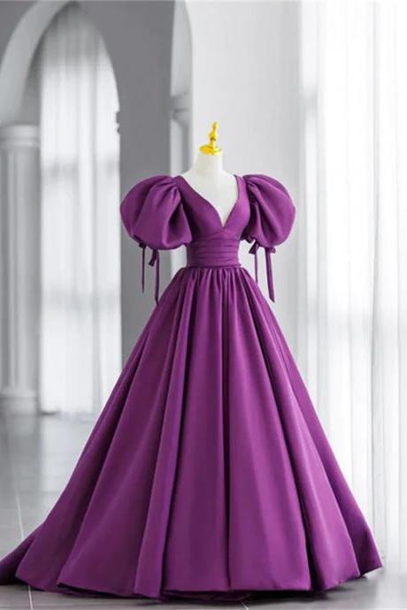 Purple Satin Puffy Sleeves Long Party Dress Dark Purple Evening Dress Sa798