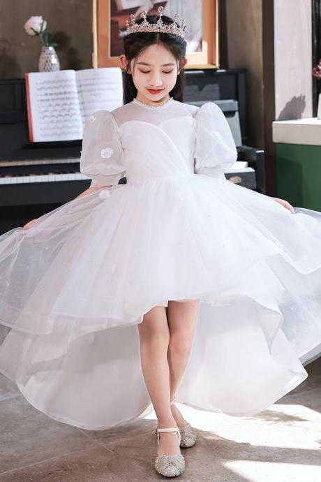 White Girl Dress For Wedding Children's Birthday Piano Performance Costume Host Evening Dress Fk10