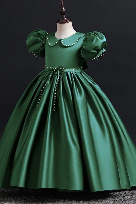 Girls Dress With Puff Sleeves Little Girl Green Skirt Children&amp;#039;s Lapel Satin Piano Costume One-year-old Dress Fk19