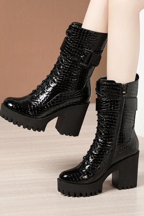 Autumn And Winter Shoes Lace-up British Style Chunky Heel Patent Leather Mid-tube Boots Women&amp;#039;s Short Boots H187