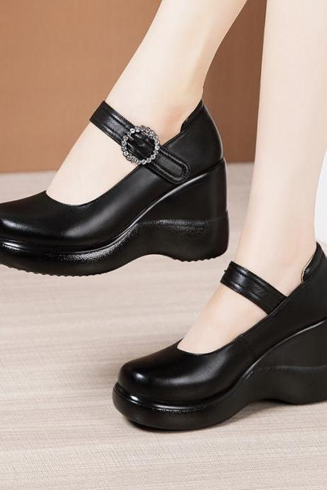 High-heeled Slope Heel Shallow Mouth Single Shoes Women&amp;#039;s Spring And Autumn Platform Thick Bottom Waterproof Platform Round Toe