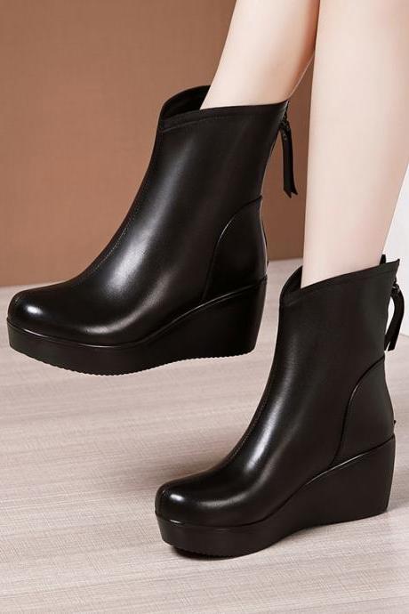 Wedge Boots Women&amp;#039;s Autumn And Winter Mid-heel Thick-soled Waterproof Platform Plus Velvet Martin Boots H201