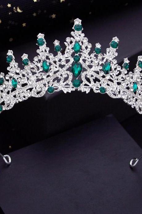 Silver Colors Green Crystal Wedding Crown For Queen Bridal Headdress Fashion Tiaras Hairwear Girls Prom Head Ornaments Jewelry Je05