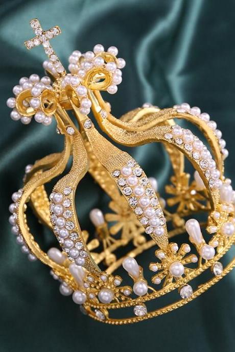 Baroque Bridal Jewelry Rhinestone Pearls Cross Crown For Party Cake Flowers Tiaras Decoration Birthday Diadem Ornaments Je08