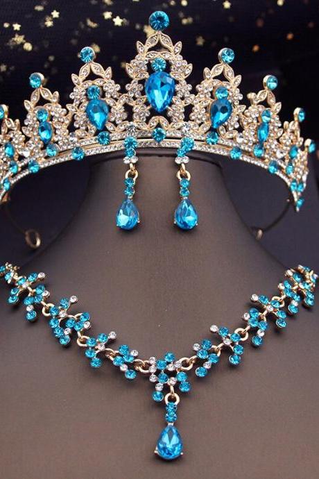 Princess Crown Bridal Jewelry Sets For Girls Blue Tiaras Choker Necklace Sets Bride Wedding Dress Prom Jewelry Accessories Je20