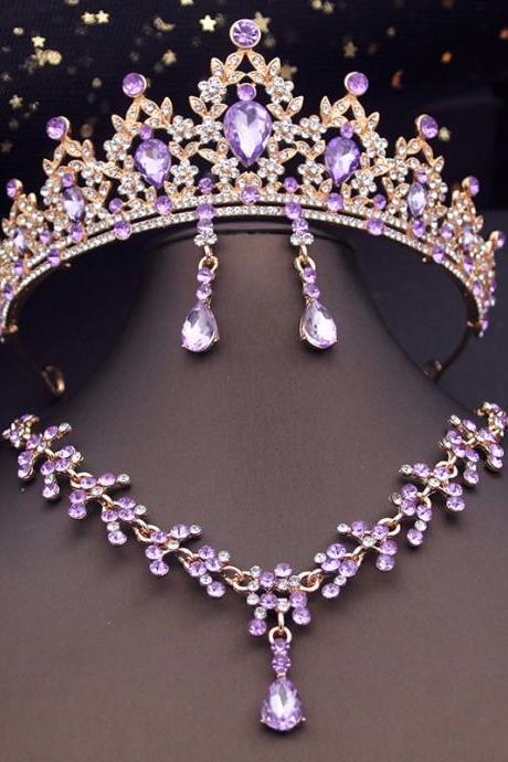 Princess Crown Bridal Jewelry Sets For Girls Blue Tiaras Choker Necklace Sets Bride Wedding Dress Prom Jewelry Accessories Je23