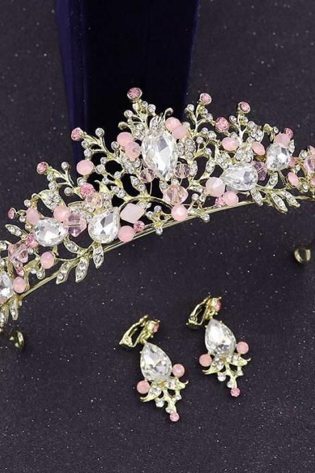 Wedding Crown Earrings Sets Bridal Tiara Crystal Rhinestone Crown Hair Jewelry For Queen Headdress Je78