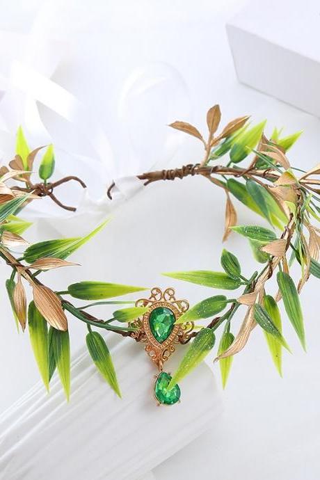 Elegant Forest Foliage Crown Headband Wedding Tiaras Green Headwear Crystal Retro Hair Jewelry Je79