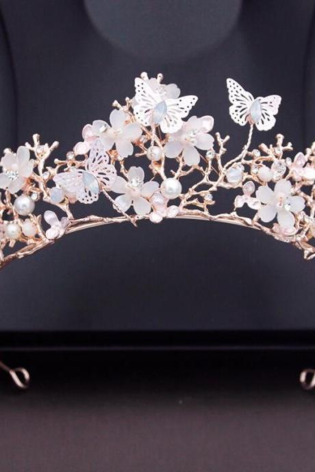 Princess Flower Wedding Crown Rhinestone Imitation Pearls Butterfly Tiaras Hairband Bridal Prom Hair Jewelry Je88