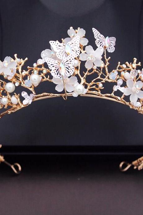 Princess Flower Wedding Crown Rhinestone Imitation Pearls Butterfly Tiaras Hairband Bridal Prom Hair Jewelry Je89