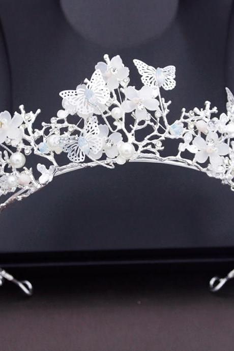 Princess Flower Wedding Crown Rhinestone Imitation Pearls Butterfly Tiaras Hairband Bridal Prom Hair Jewelry Je90