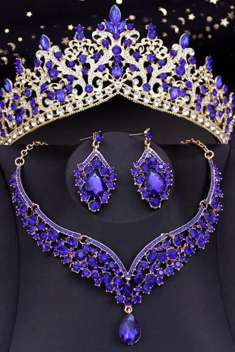 Bride Jewelry Sets Blue Necklace Earring Prom Bridal Wedding Dress Crown Set Costume Accessories Je114