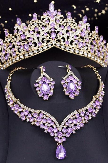 Bride Jewelry Sets Blue Necklace Earring Prom Bridal Wedding Dress Crown Set Costume Accessories Je119