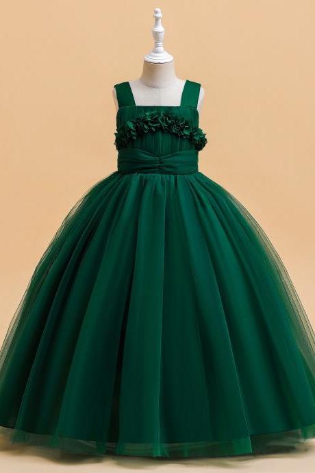 Green Flower Girl Dress Forged Fabric Long Flower Girl Princess Dress Children&amp;#039;s Piano Performance Fk25