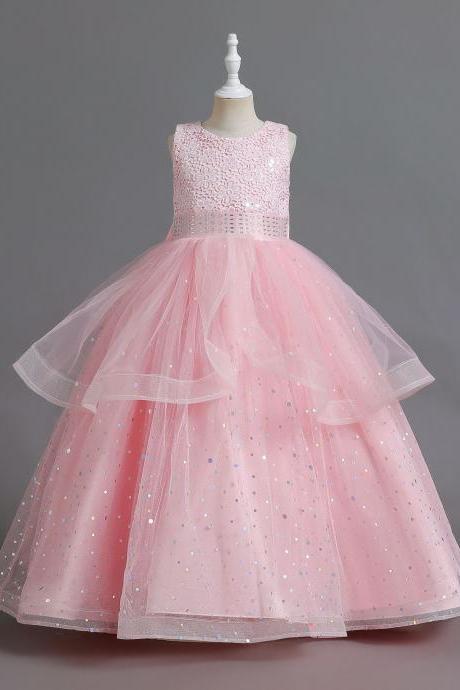 Children's Dress Layered Princess Dress Female Flower Girl Hollow Out Piano Performance Dress Fk32
