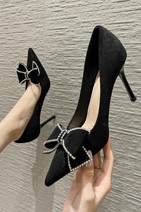 Fashion Black Bow Korean Style Women&amp;#039;s Single Shoes With Stiletto And Shallow Heels H210