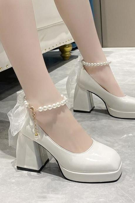 Ladies High Heels Elegant Bow Square Toe Black Fashion Women&amp;#039;s Pumps Thick Heel H219