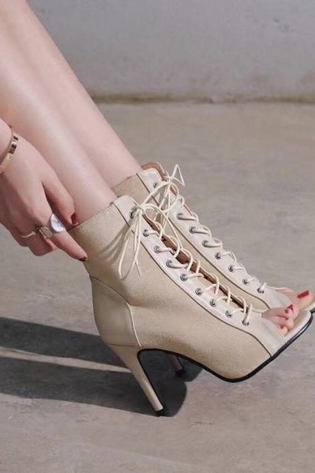 Lace-up Sandals Heels 9cm Women&amp;#039;s Shoes Summer Peep Toe Boots Stilettos Jazz Dance Female H227