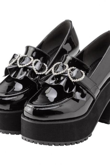 Waterproof Platform Lady Thick Heel High Heels Platform Lolita Pearl Heart Buckle Pumps Black Leather Shoes H233