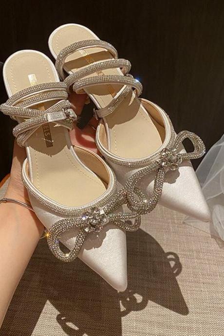 Glitter Rhinestones Women Pumps Crystal Bow 8 Cm Summer Lady Shoes Genuine Leather High Heels H245