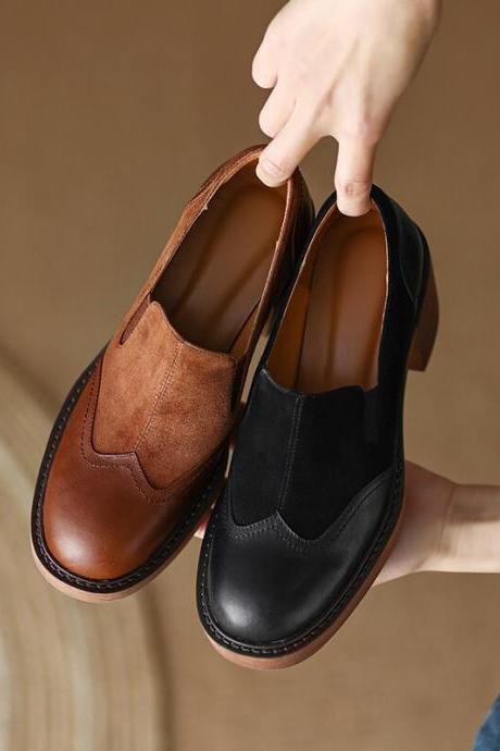 Round Toe Platform Shoes Genuine Leather Casual Thick Heel Women Pumps H253