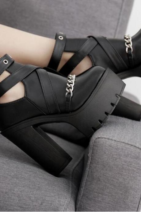 Ankle Boots For Women High Heels Casual Cut-outs Buckle Round Toe Chain Thick Heels Platform Shoes H271